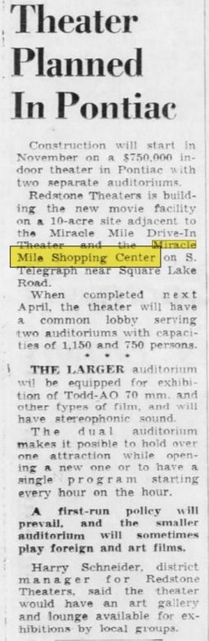 Showcase Cinemas Pontiac 1-5 - Sept 1963 Article (newer photo)